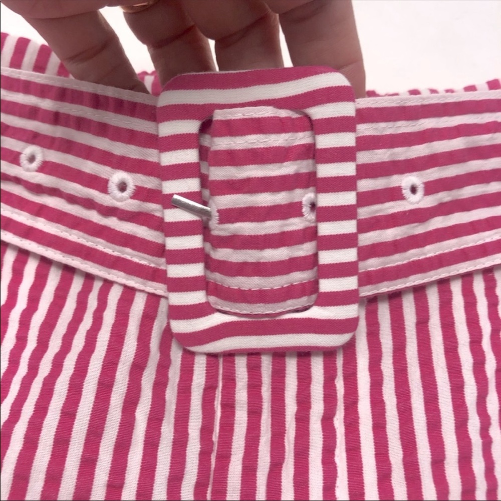 PINK WHITE STRIPED BELTED HIGH RISE SHORTS W/ POCKETS - Picture 3 of 11